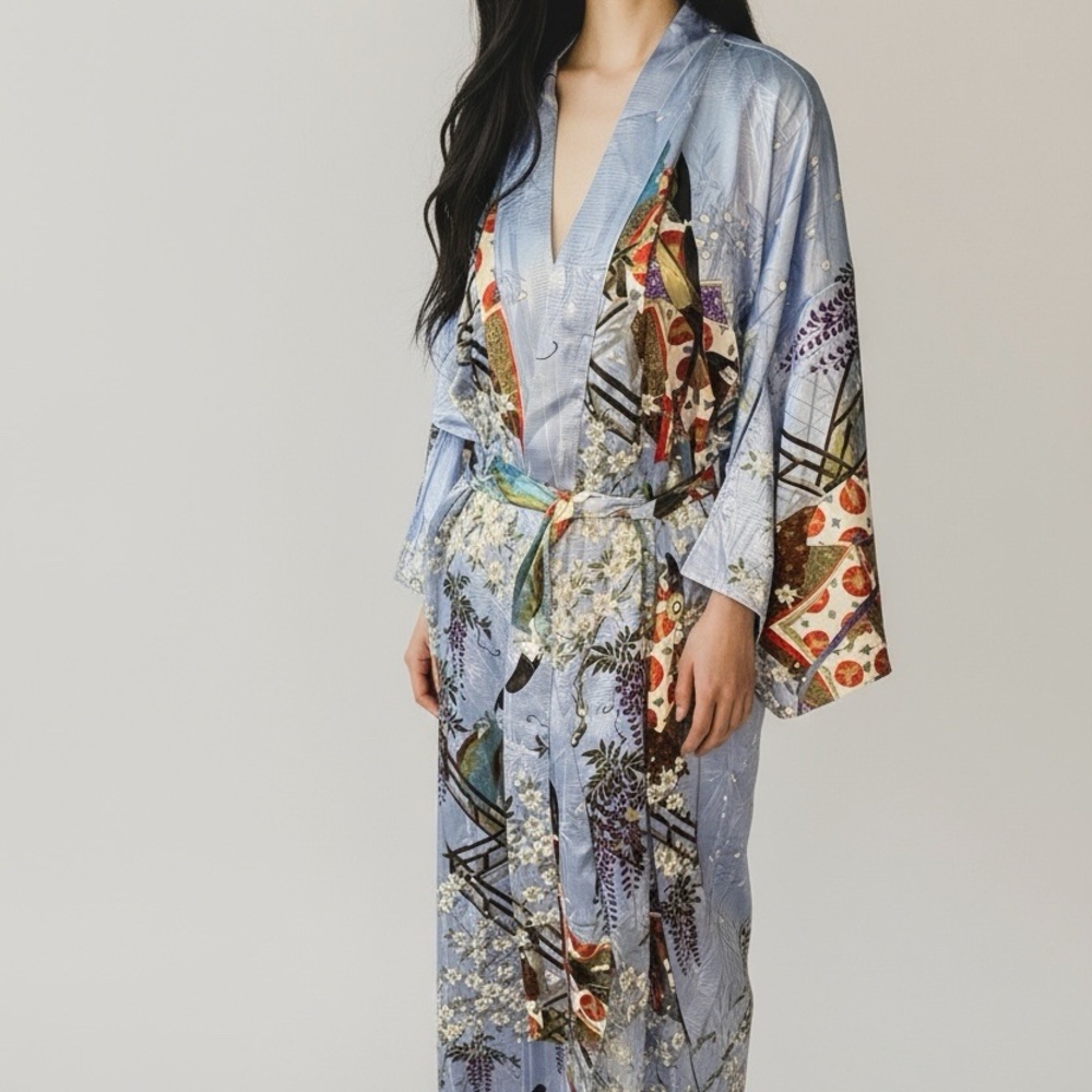 Elegant Japanese Blue Floral Kimono Robe